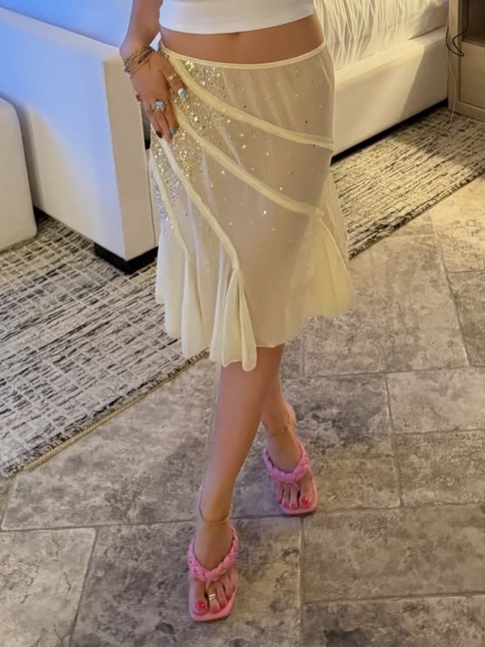 Free People Cream Sheer Embellished Midi Skirt